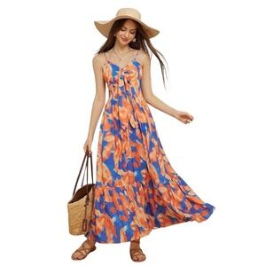 Grace Karin Orange Blue Floral Tie Front Smocked Maxi Dress XL Pockets Summer